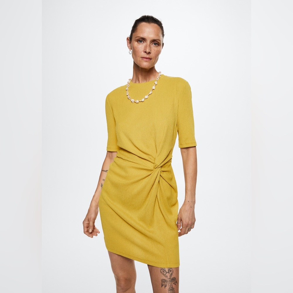 MNG Mango Ruched Detail Short Sleeve T-shirt Dress Chartreuse